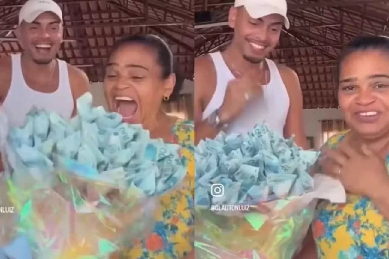 Influenciador emociona a mãe com buquê de dinheiro no valor de R$ 10 mil