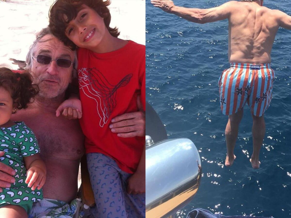 Robert De Niro em foto antiga ao lado de netos e em foto atual pulando de iate - Foto: Instagram @drenadeniro