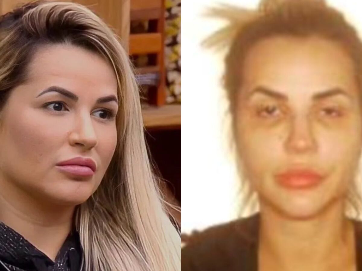 Deolane Bezerra no reality A Fazenda e em sua mugshot após ser presa - Foto: RecordTV
