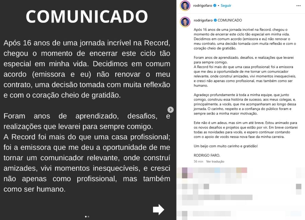Foto: Reprodução / Instagram @rodrigofaro