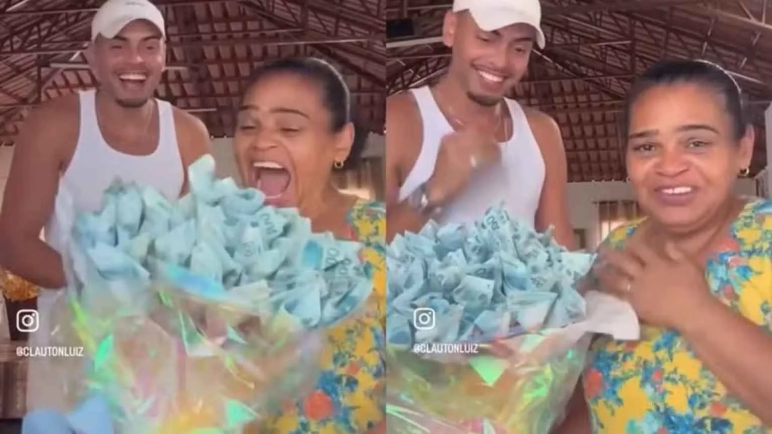 Influenciador emociona a mãe com buquê de dinheiro no valor de R$ 10 mil