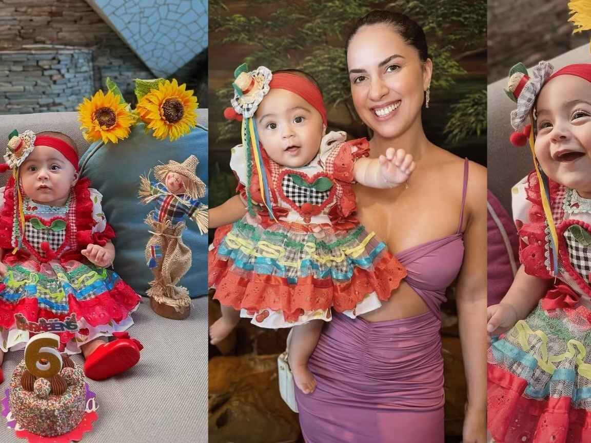 Com vestido a caráter, filha de Zezé e Graciele Lacerda ganha 'arraiá' para celebrar 6 meses