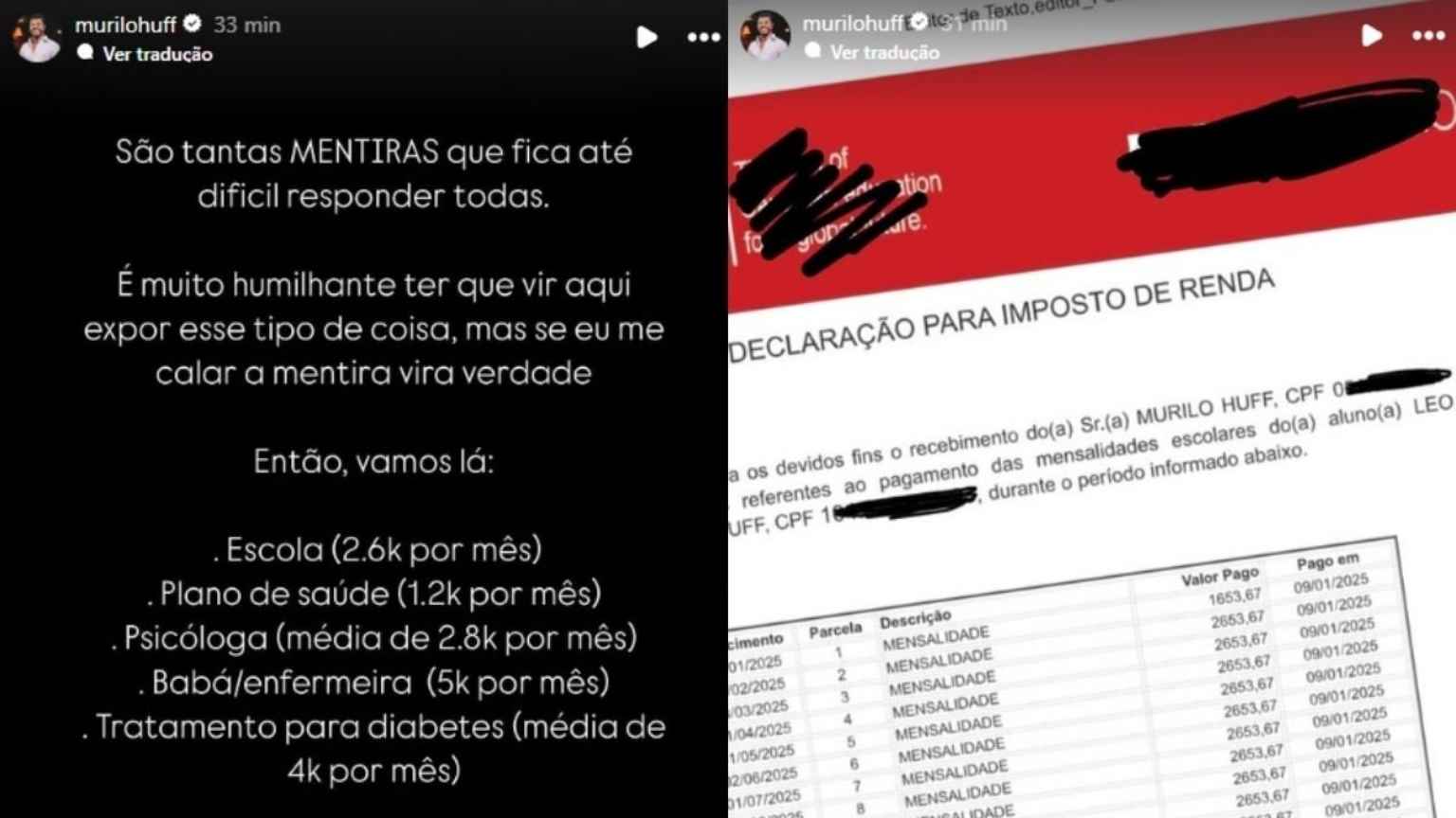 Murilo Huff expõe gastos de mais de R$ 15 mil com filho e rebate avó: 'É muito humilhante'