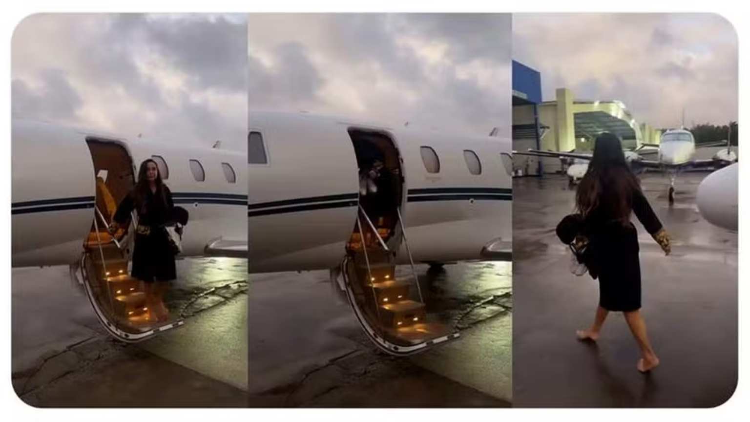 Ivete Sangalo desce de jatinho de roupão e pulando em poças d'água
