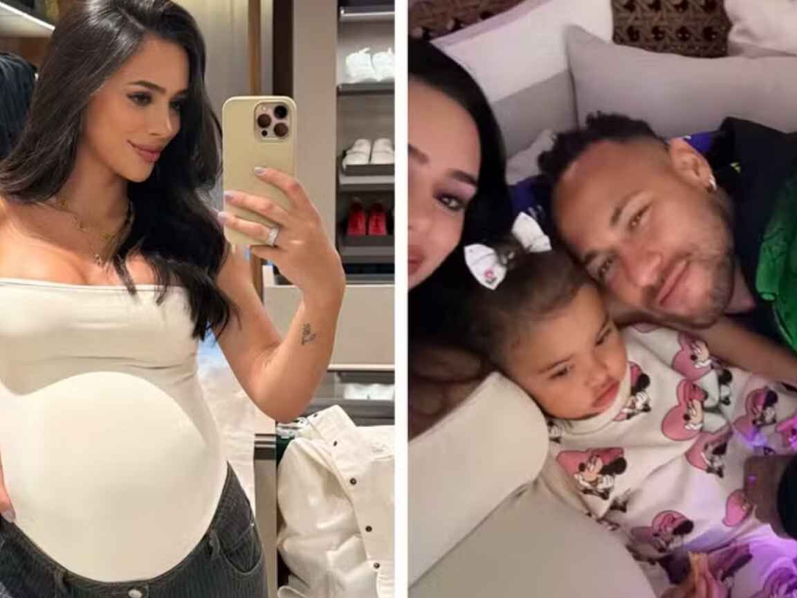 No final da gravidez, Bruna Biancardi exibe barrigão em noite de cinema com Neymar e a filha, Mavie