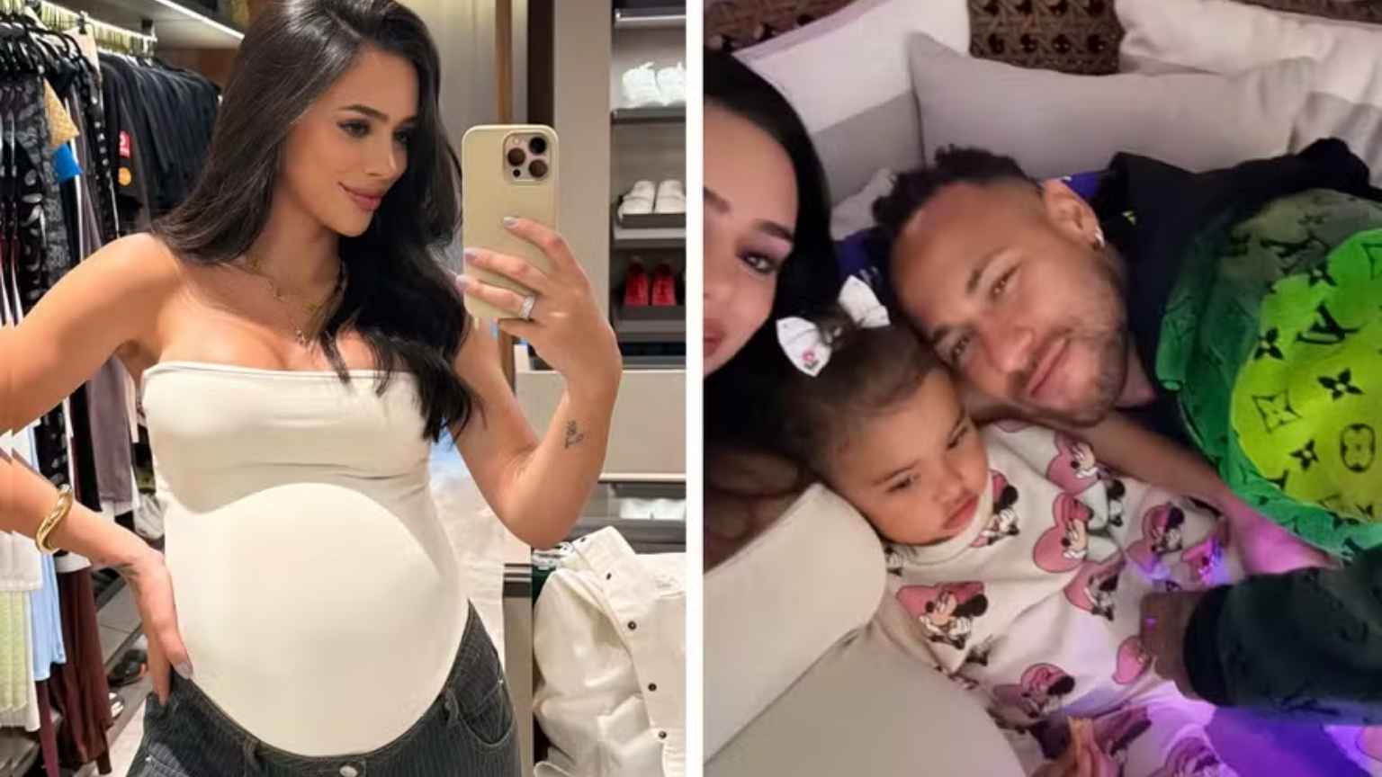 No final da gravidez, Bruna Biancardi exibe barrigão em noite de cinema com Neymar e a filha, Mavie