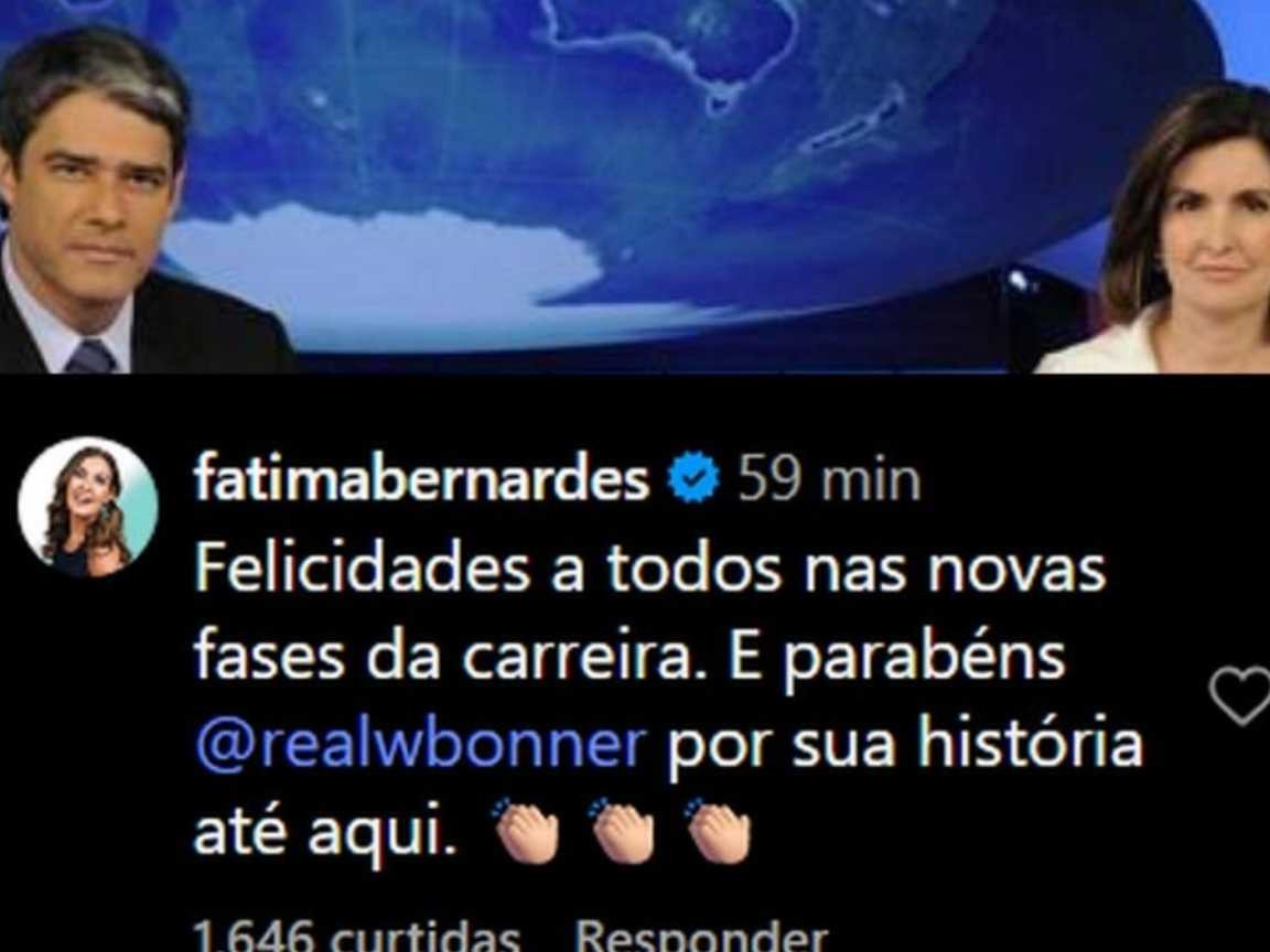 Fátima Bernardes parabeniza William Bonner pela história no Jornal Nacional após anúncio de saída