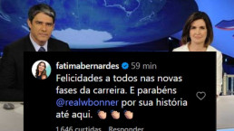 Fátima Bernardes parabeniza William Bonner pela história no Jornal Nacional após anúncio de saída