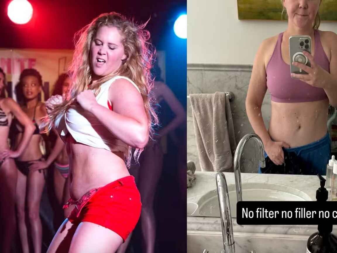 Amy Schumer exibe barriga chapada após emagrecimento e brinca: 'Sem limpar o espelho'