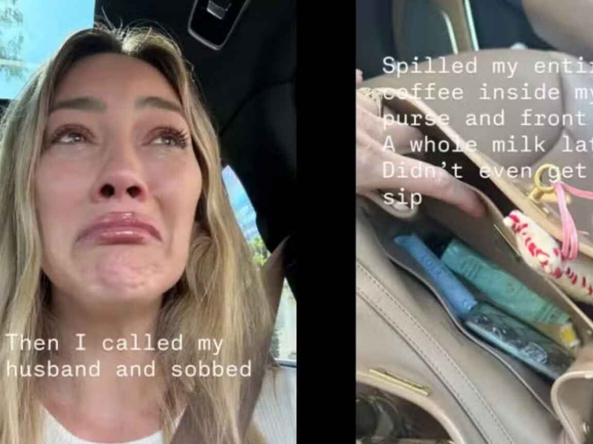 Hilary Duff derrama café em bolsa de R$ 16 mil e chora: 'Nem um gole'