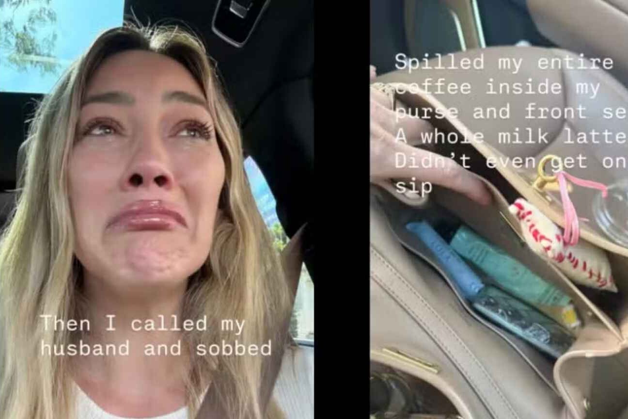 Hilary Duff derrama café em bolsa de R$ 16 mil e chora: 'Nem um gole'