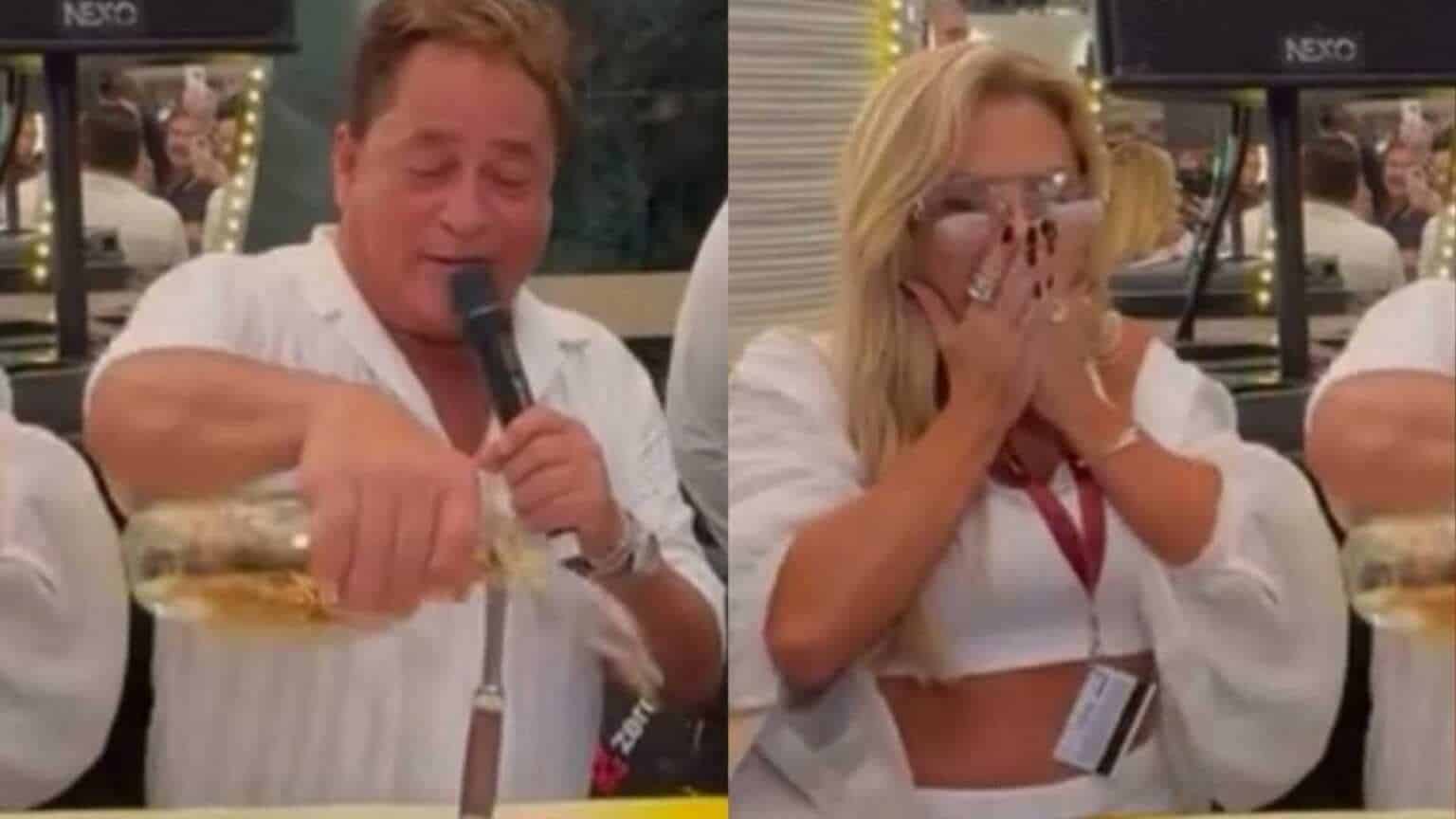 Leonardo joga bebida alcoólica em bolo no Navio Cabaré e choca Poliana Rocha