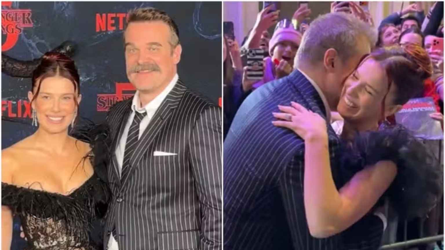 Millie Bobby Brown e David Harbour posam abraçados em estreia de 'Stranger Things' após acusação de assédio